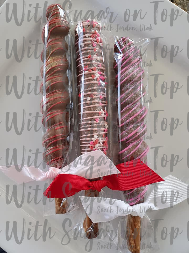 Valentine Caramel Covered Chocolate Dipped Pretzel Rods